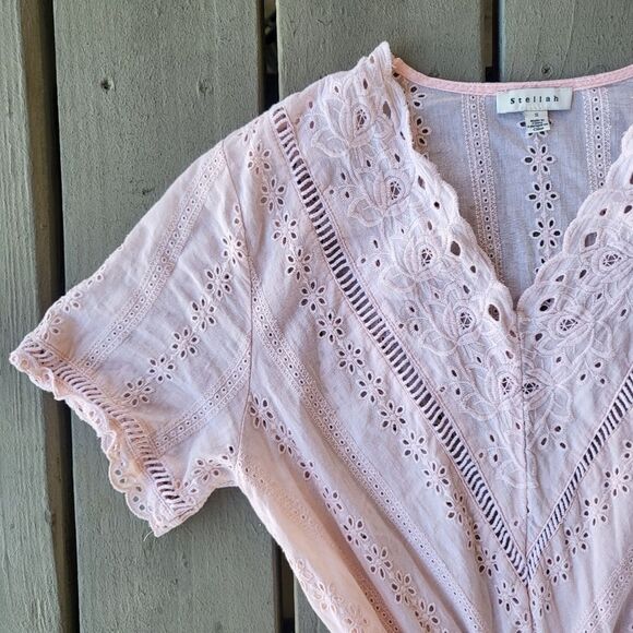 Stellah Blush Pink Cotton Embroidered Eyelet‎ Fit & Flare Cottagecore Mini Dress - Picture 2 of 6